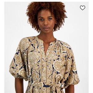 Women's Printed Split-Neck Puff-Sleeve Dress